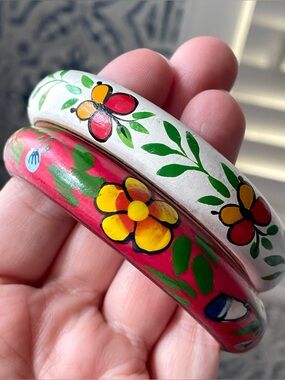 2 x boho colorful painted wood bangle bracelets flowers butterflies festival
